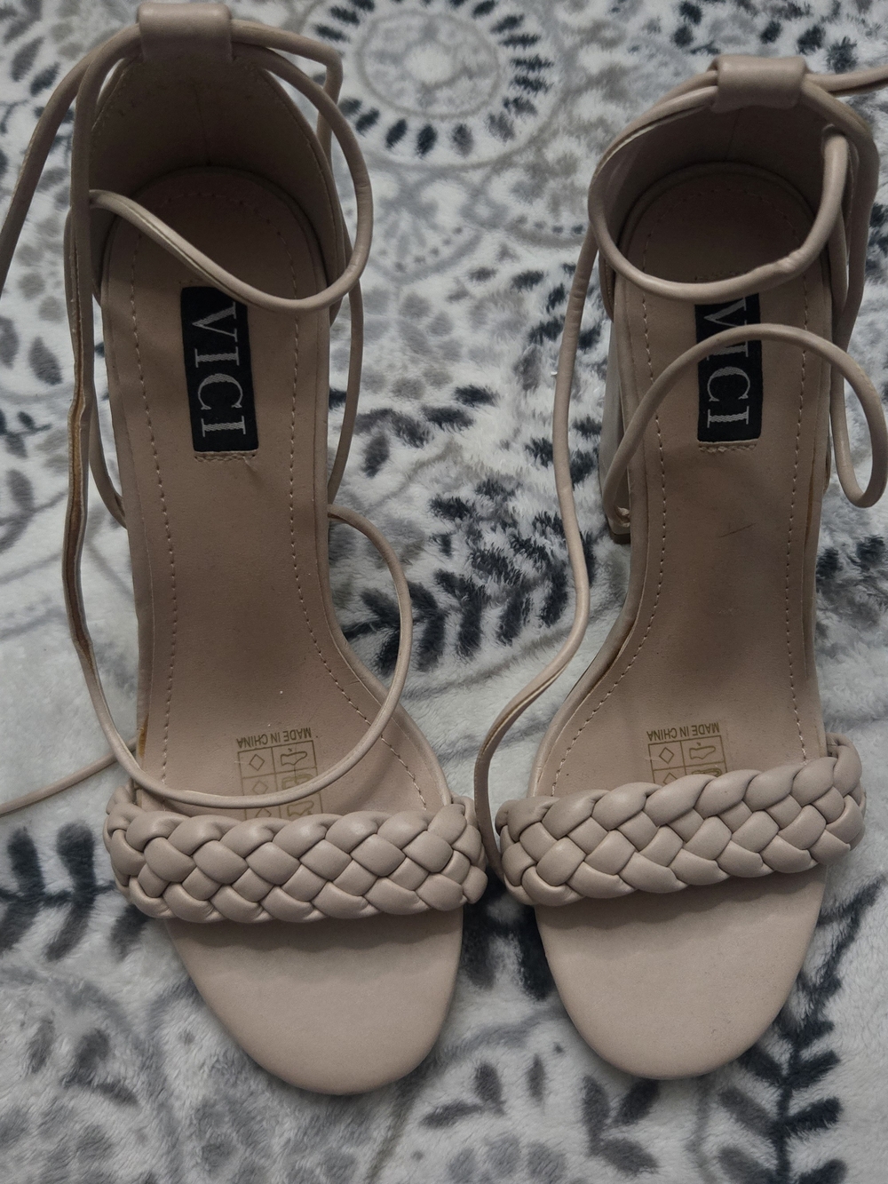 Vici Braided Strap Pink-Tan Lace-Up Heels
